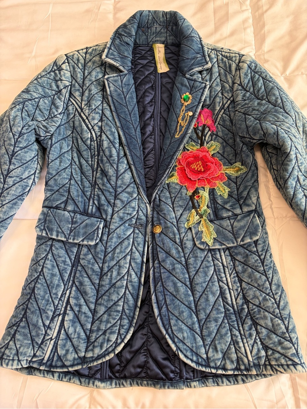 NWOT Aratta Silent Journey- Embroidered Quilted Blue Mineral Wash Blazer - Picture 3 of 16